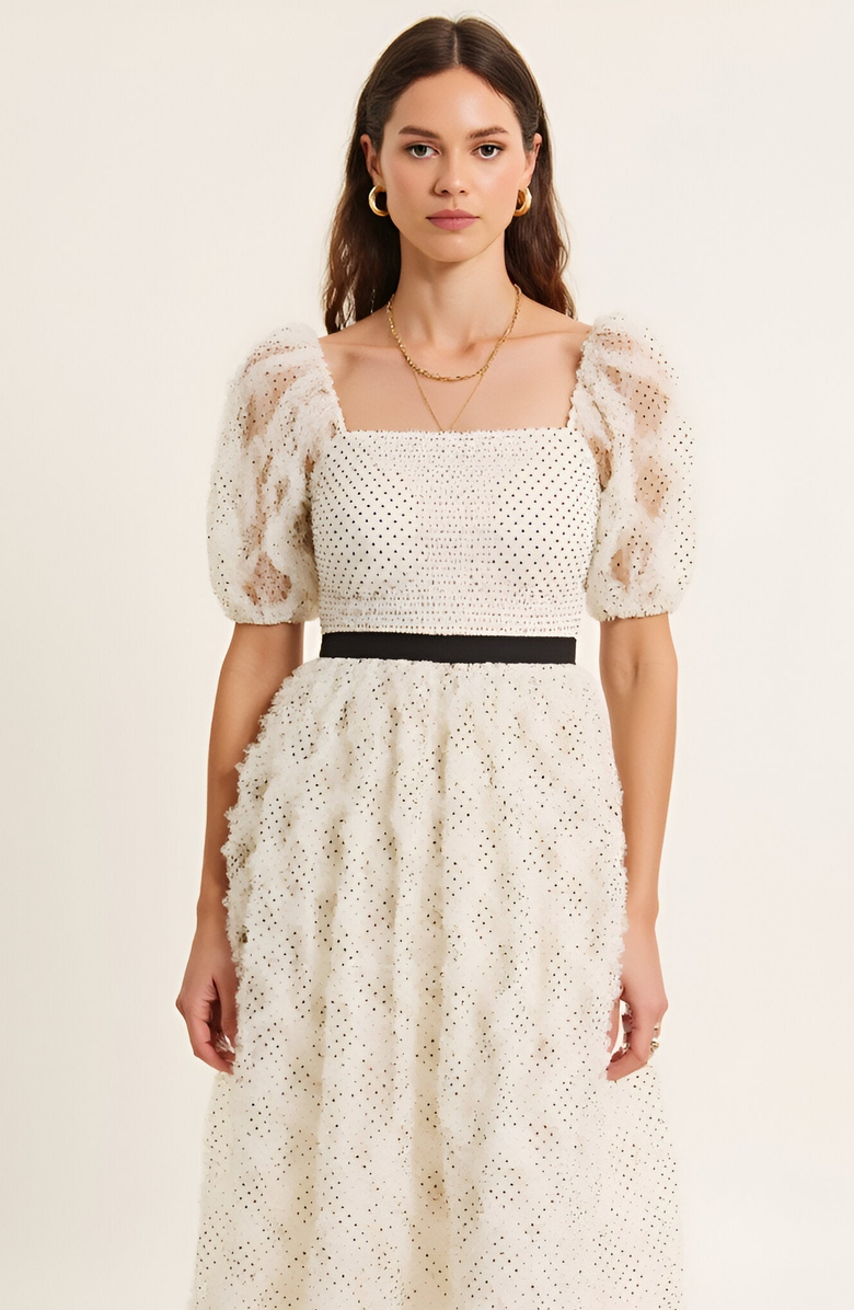 Modenaire Embroidered Puff Sleeve Square-Neck Midi Dress, Alternate, color, Ivory