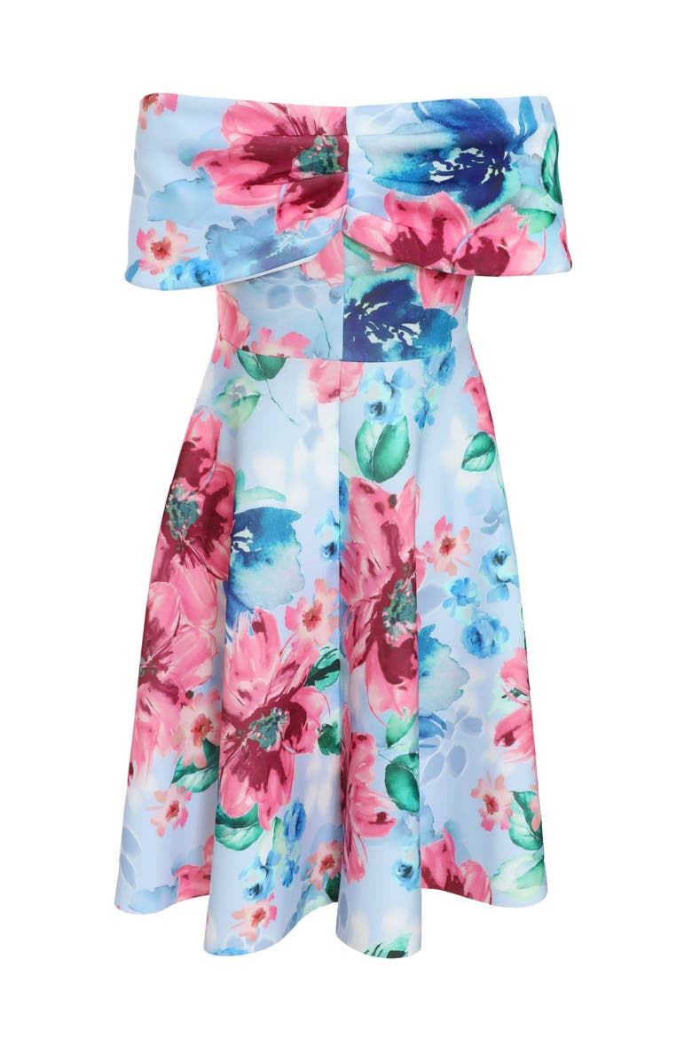Plus Size Scuba Knit Floral Bardot Skater Midi Dress, Alternate, color, Blue