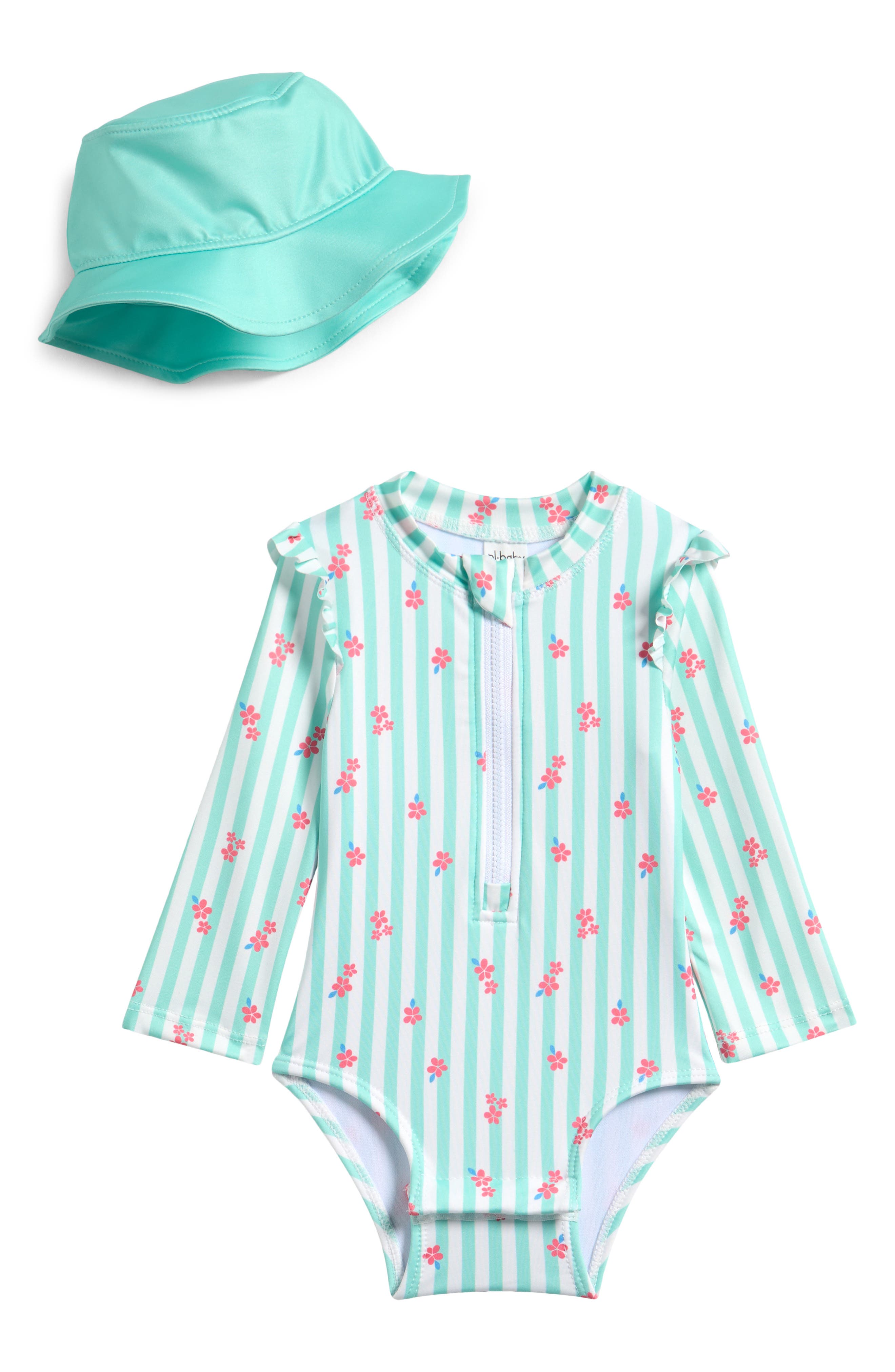 PL Baby by Petit Lem Floral Stripe One-Piece Rashguard Swimsuit & Hat Set