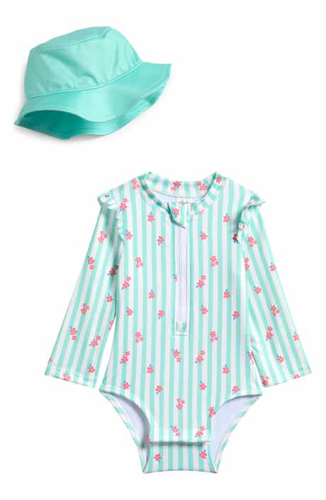 PL Baby by Petit Lem Floral Stripe One-Piece Rashguard Swimsuit & Hat Set