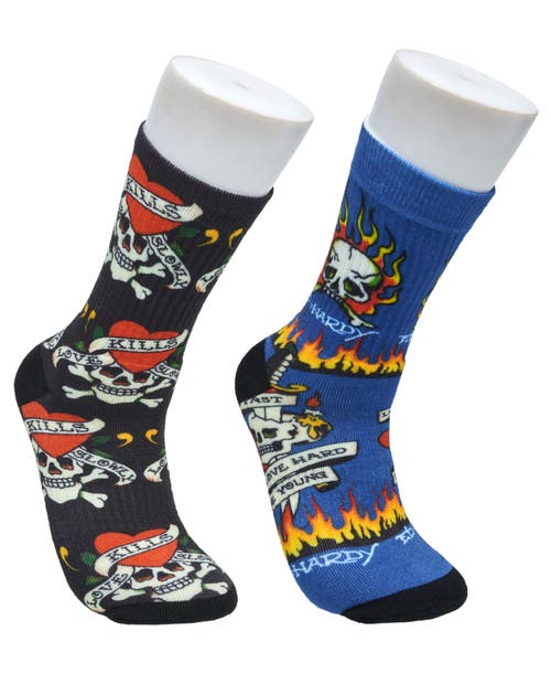 Ed Hardy Flaming Skull 360 Print Full Cushion Crew Sock 2-pack In Multi
