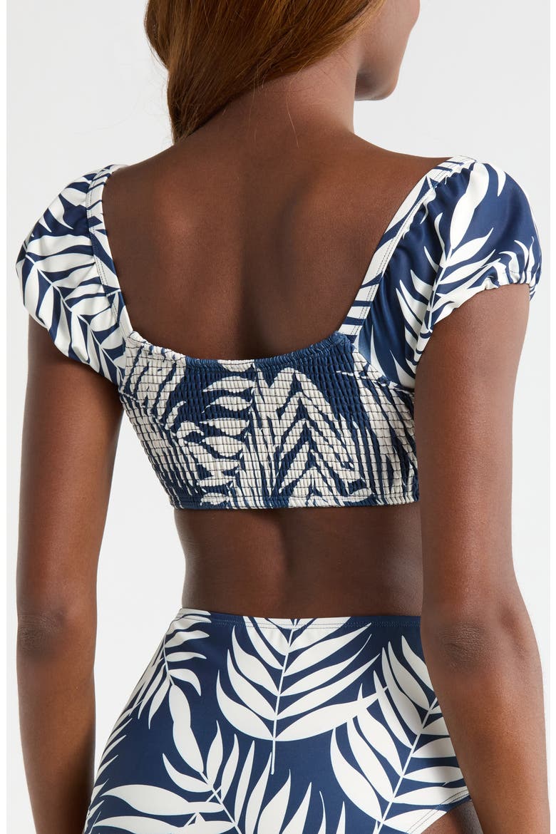 Smocked Puff Sleeve Bikini Top, Alternate, color, NAVY PARADISE FOLIAGE