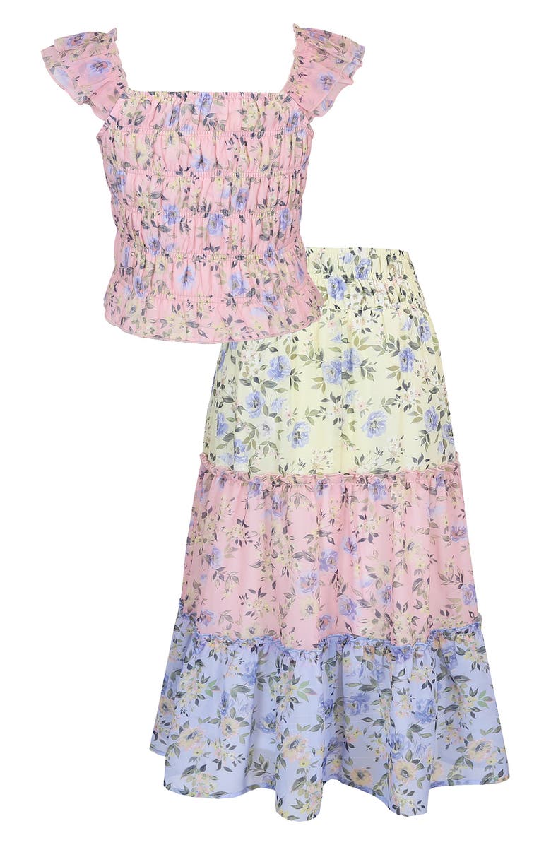 Zunie Kids' Ruffle Floral Top & Skirt Set, Alternate, color, Multi Pink