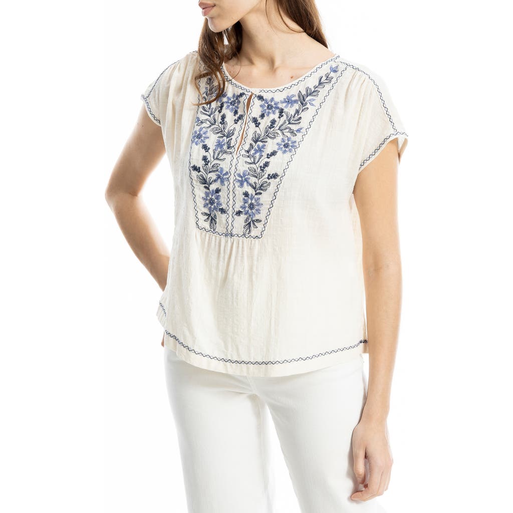 Max Studio Embroidered Short Sleeve Cotton Blend Top In Gray