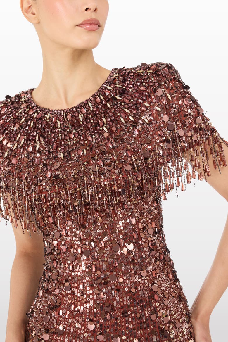 Eugenie Sequin Fringed Maxi Dress, Alternate, color, Bronze