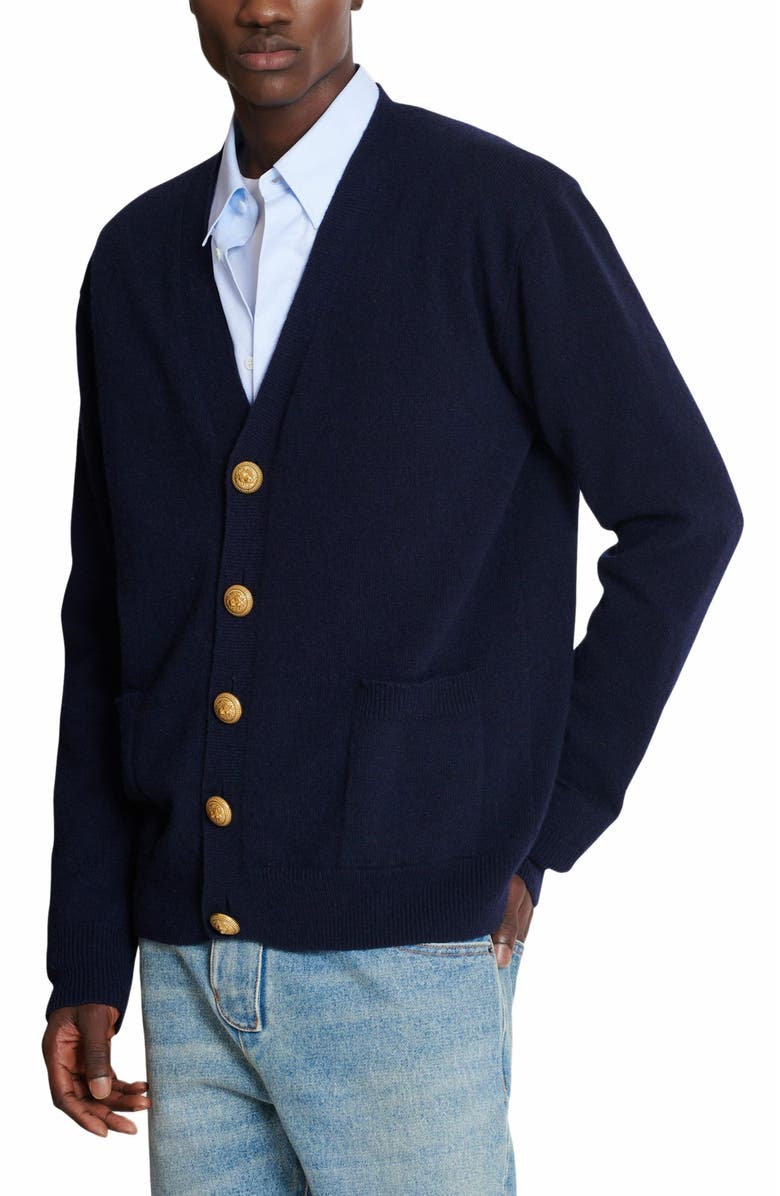Balmain Eco-Cashmere Cardigan, Alternate, color, Navy