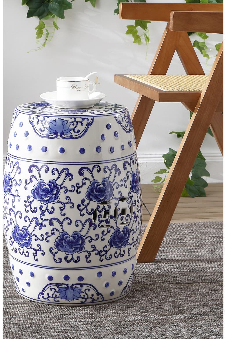 Lotus Flower Traditional Floral Chinoiserie Ceramic Drum Garden Stool, Pierced Indoor/Outdoor Patio Seat & Side Table, Alternate, color, Blue/White
