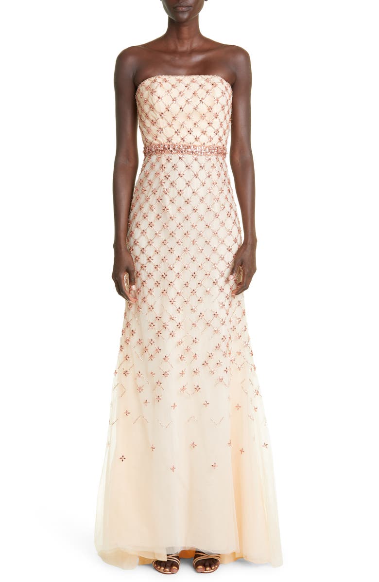 Carolina Herrera Crystal Lattice Strapless Tulle Gown, Main, color, 