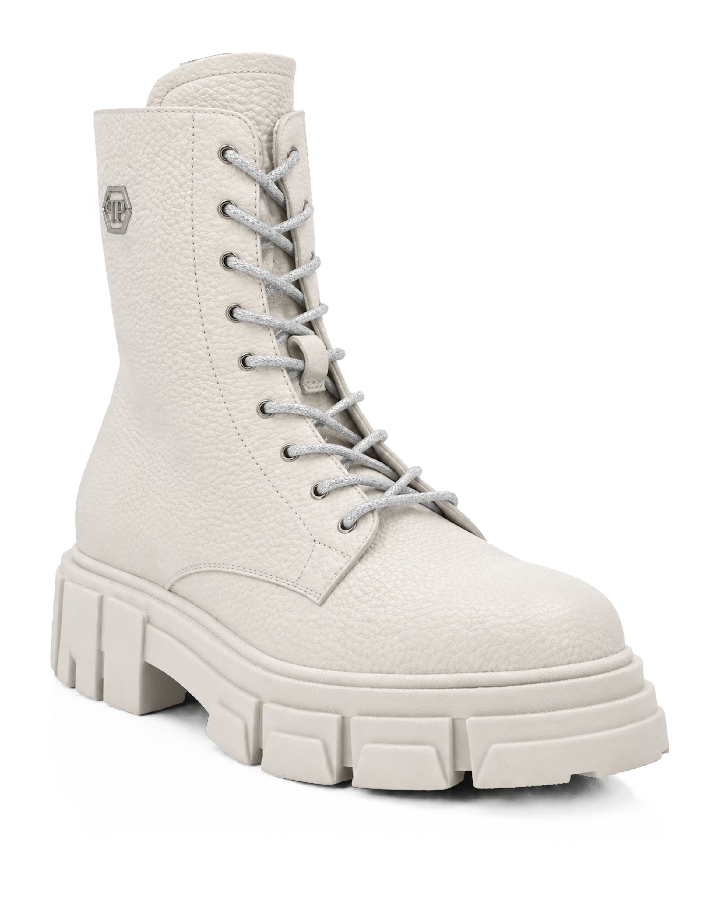 Leather Boots Deer Print Laces Strass Women, Main, color, white