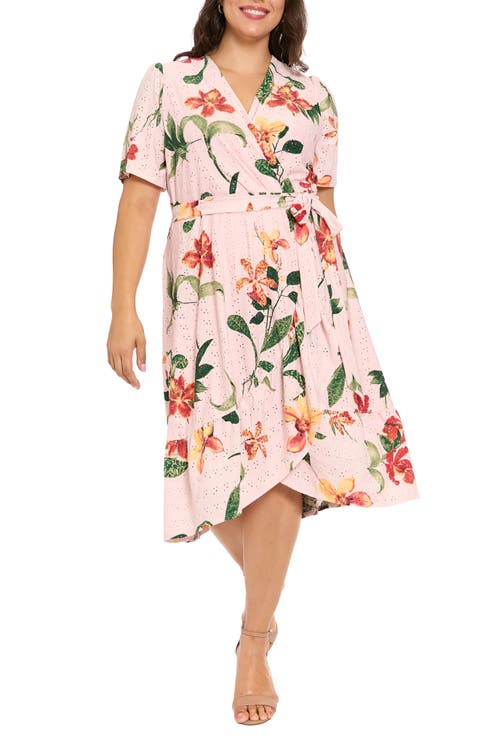 Floral Short Sleeve Faux Wrap Dress (Plus)