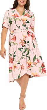 London Times Floral Short Sleeve Faux Wrap Dress