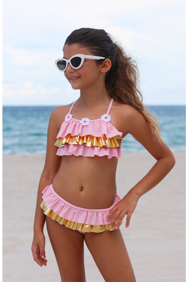 Ruffles with Crochet Flowers Two-Piece Bikini, Alternate, color, Pink