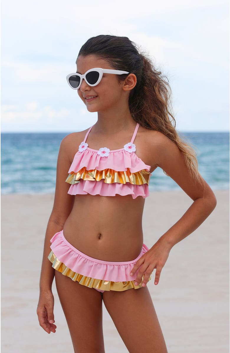 NESSI BYRD Ruffles with Crochet Flowers Two-Piece Bikini, Alternate, color, Pink