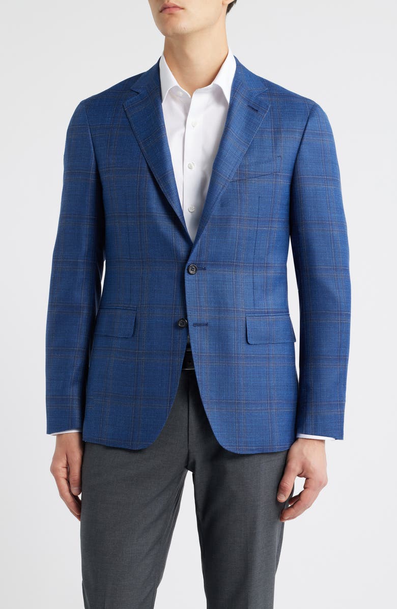 Canali Kei Trim Fit Blue Mélange Shadow Plaid Wool & Silk Blend Sport Coat, Main, color, Brt Blue