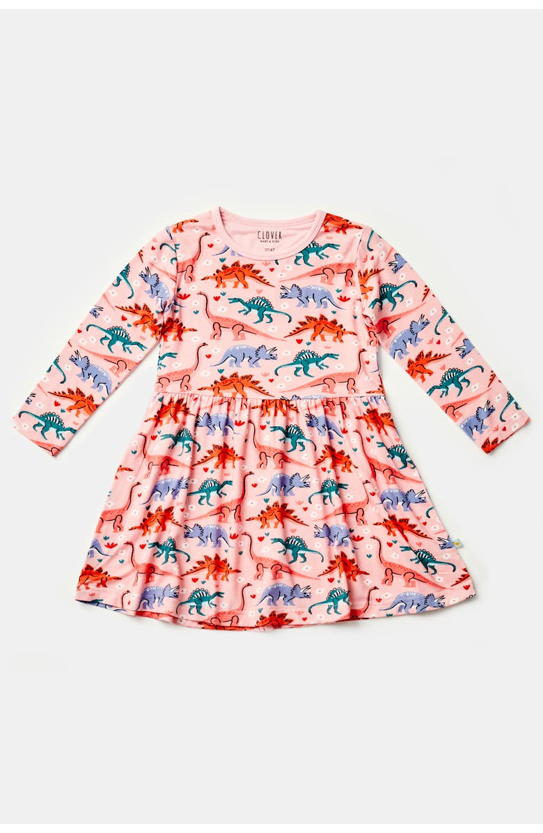 Clover Baby & Kids Stretchy Long Sleeve Twirl Dress - Dinosaur Garden, Alternate, color, Dinosaur Garden