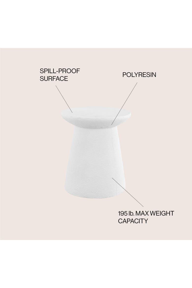 Hollie Minimalist Frosted Polyresin Indoor/Outdoor Accent Table, All-Weather Textured Round Pedestal Side Table & Stool, Alternate, color, White Frosted