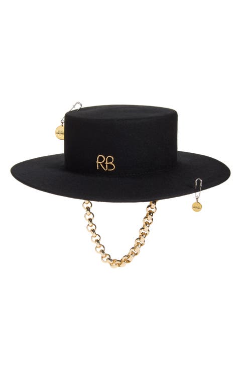 Chain Strap Wool Blend Canotier Hat