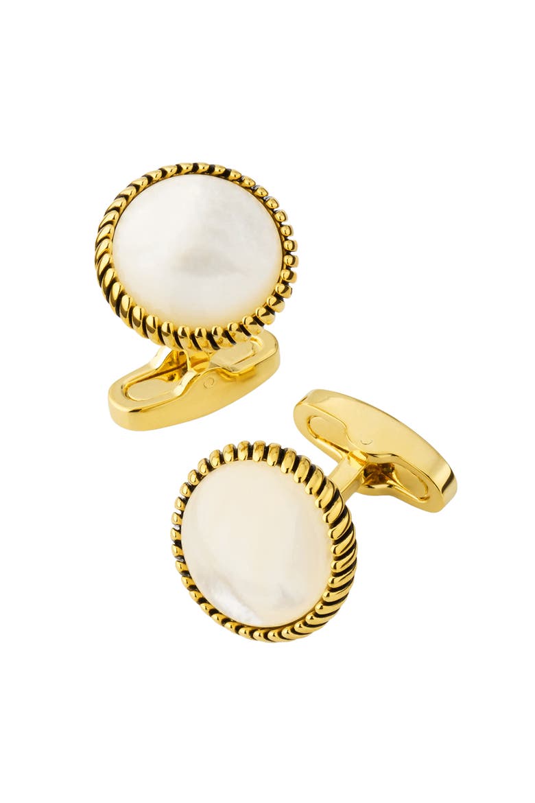 Round Cufflinks with Texture Border, Main, color, White/ Gold