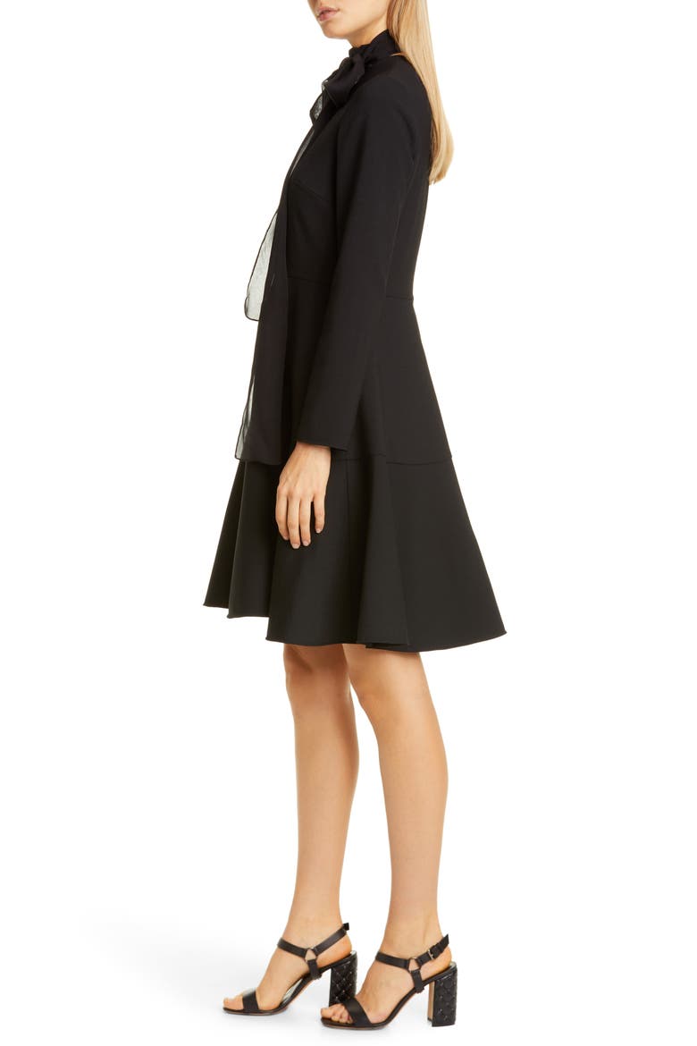 Tie Neck Long Sleeve Fit & Flare Dress, Alternate, color, NERO