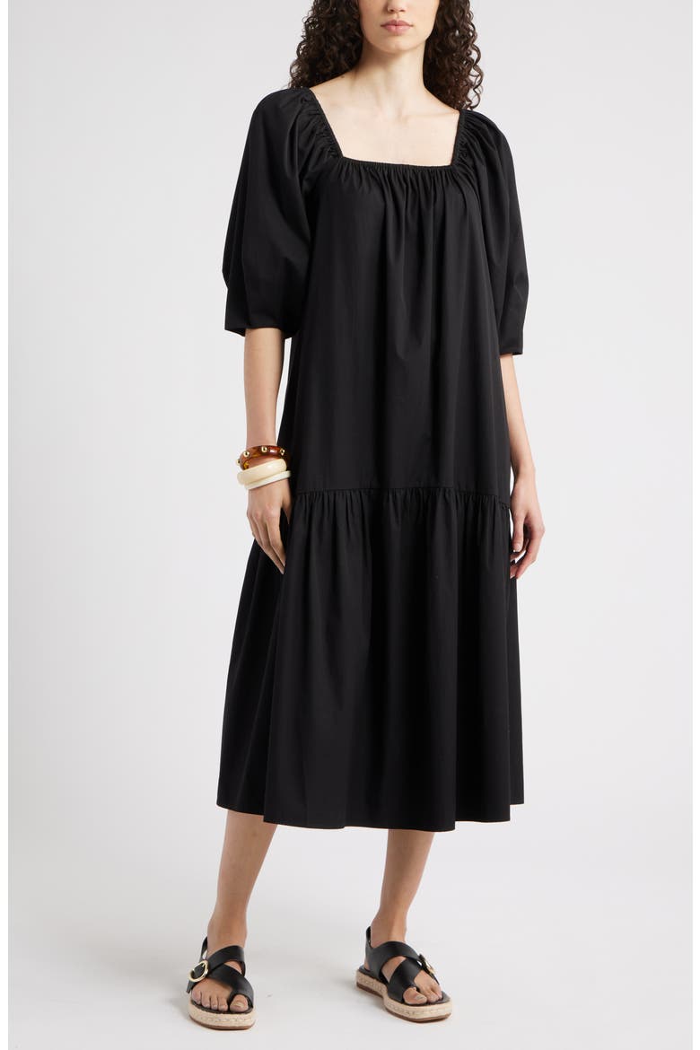 Square Neck Puff Sleeve Cotton Midi Dress, Main, color, BLACK