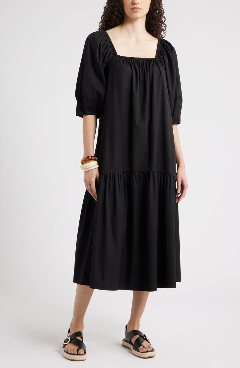 Nordstrom Square Neck Puff Sleeve Cotton Midi Dress, Main, color, Black