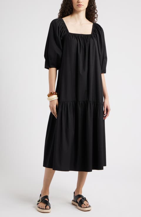 Square Neck Puff Sleeve Cotton Midi Dress