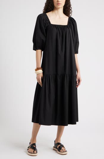 Nordstrom Square Neck Puff Sleeve Cotton Midi Dress In Black
