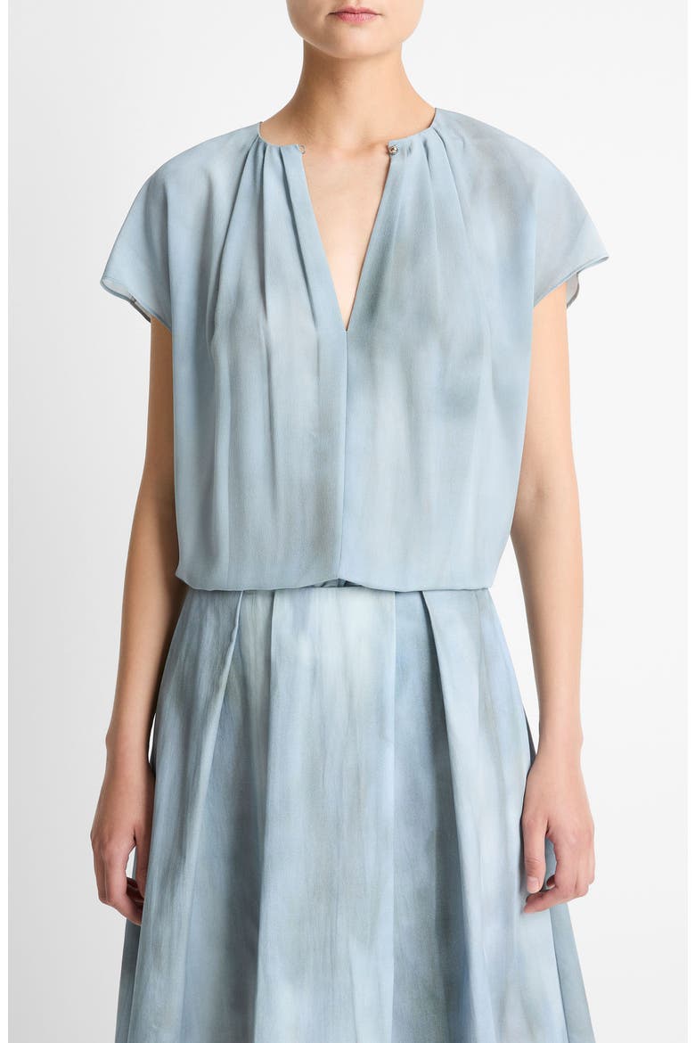 Pleated Gathered Cap Sleeve Silk Top, Main, color, AZURA WASH