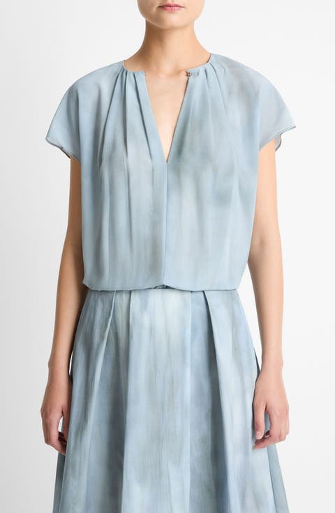 Pleated Gathered Cap Sleeve Silk Top