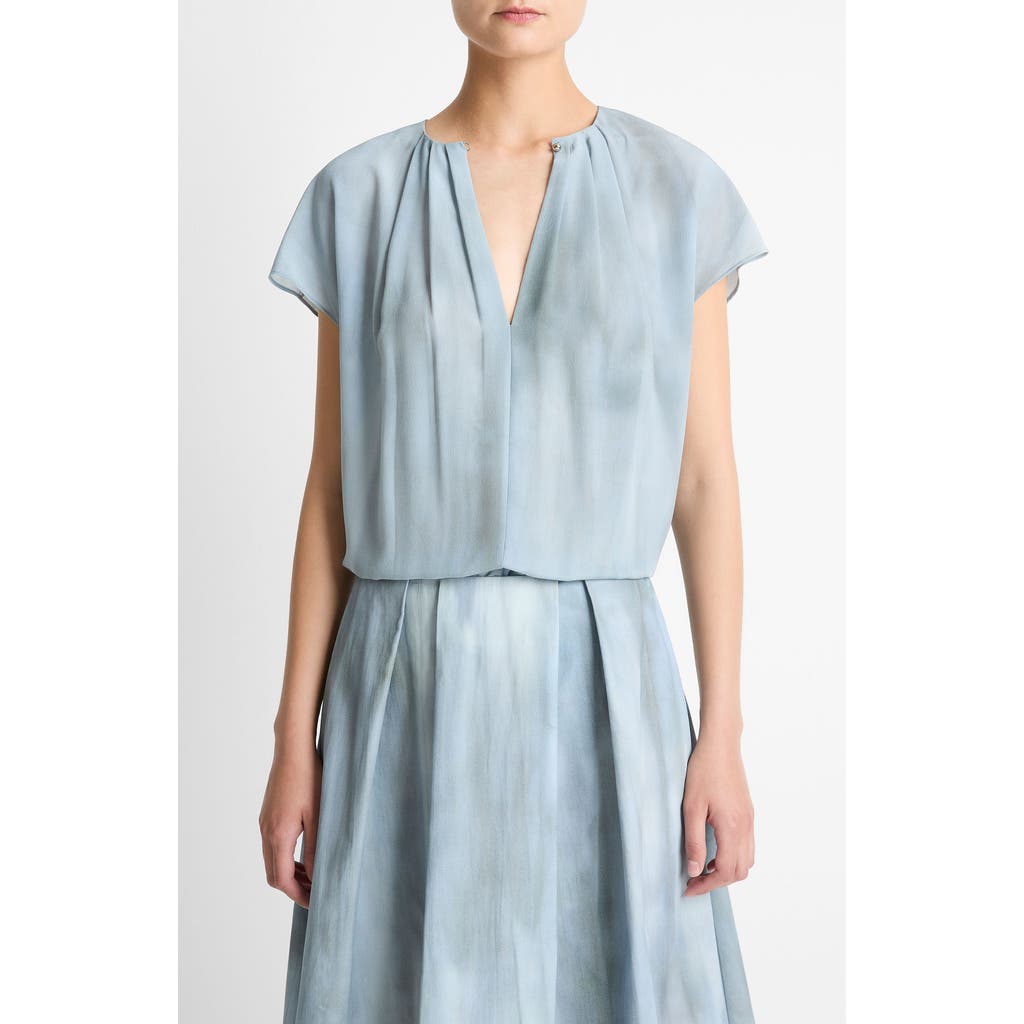 Vince Pleated Gathered Cap Sleeve Silk Top In Blue