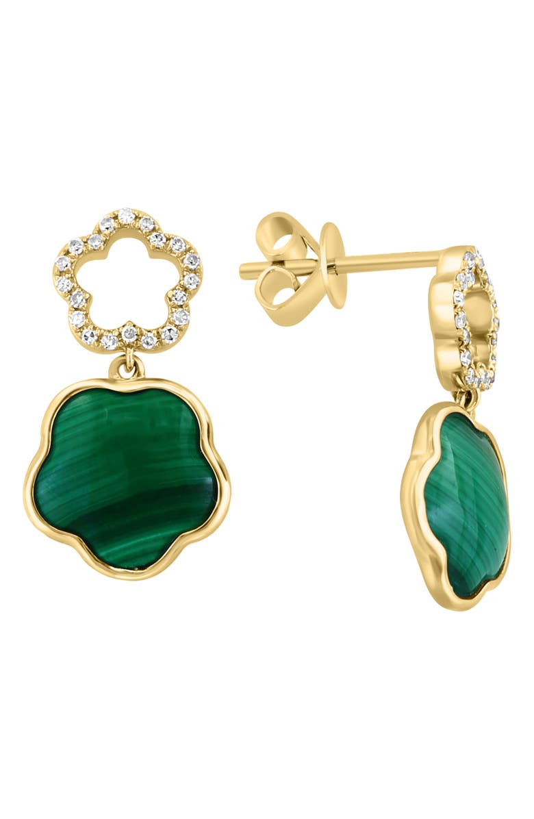 EFFY 14K Gold Diamond & Malachite Clover Drop Earrings, Alternate, color, 