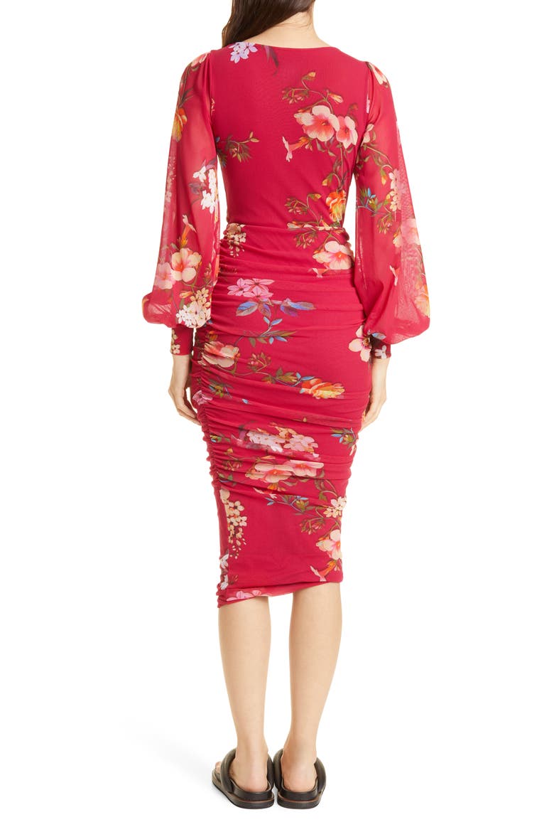 Ruched Floral Print Long Sleeve Faux Wrap Dress, Alternate, color, PORPORA