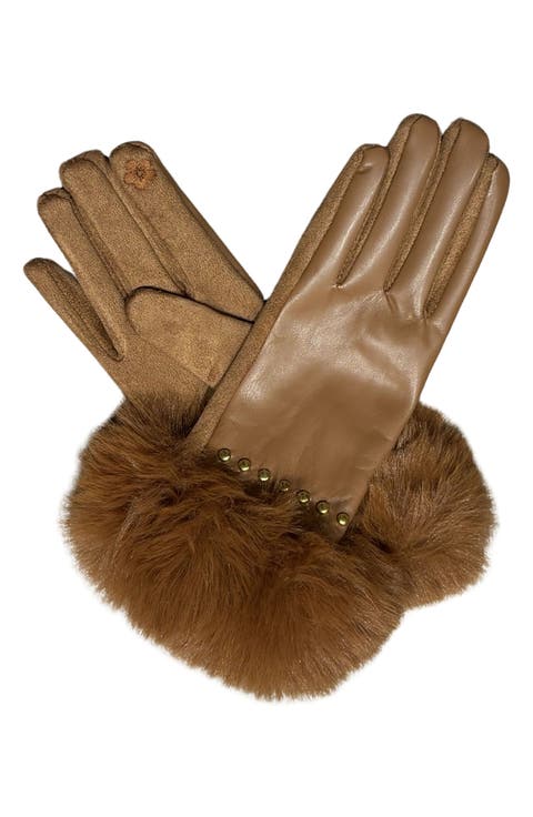 Studded Faux Fur Cuff Tech Gloves