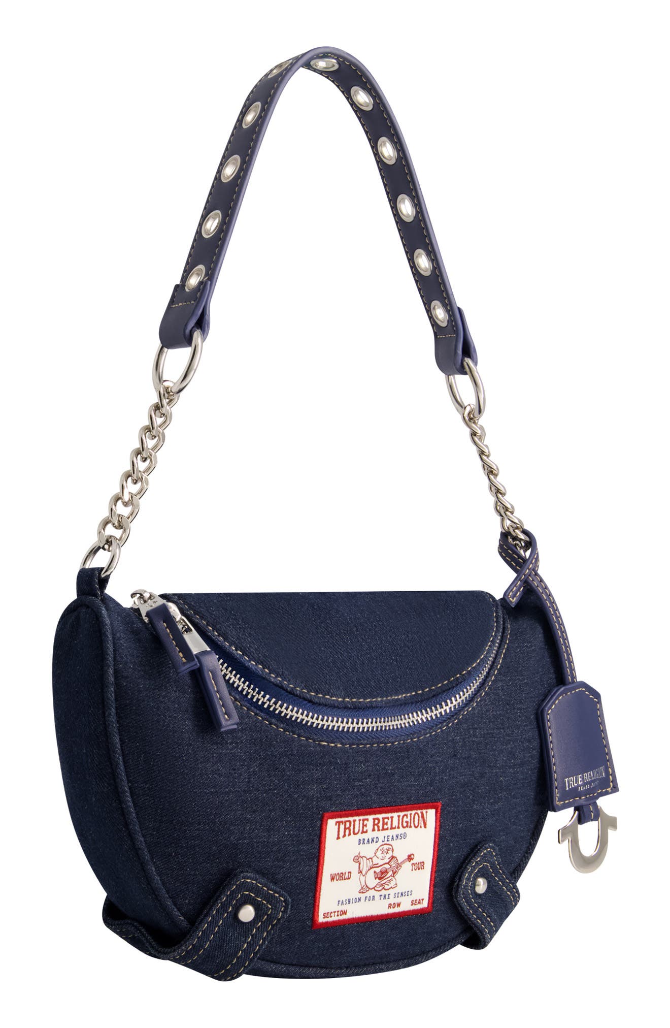 True Religion Grommet Strap Denim Shoulder Bag, Alternate, color, Denim