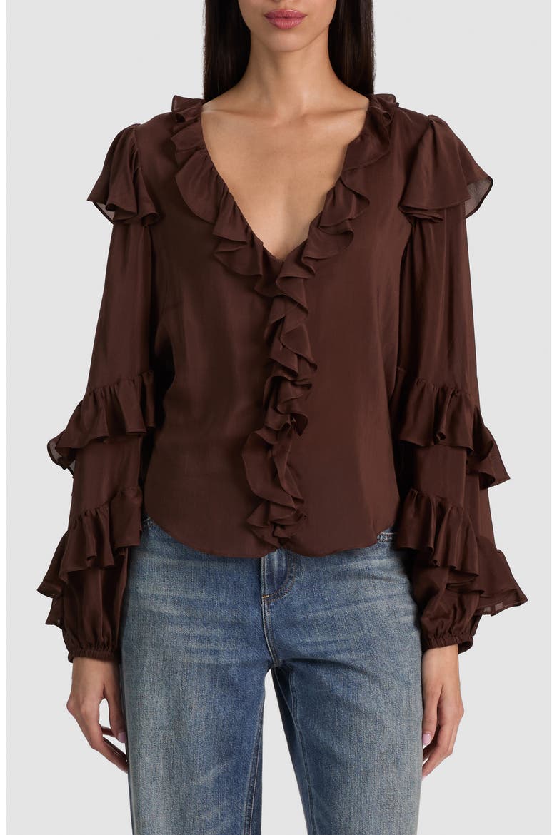 Rylee Ruffle Silk Blend Top, Alternate, color, DARK CHOCOLATE