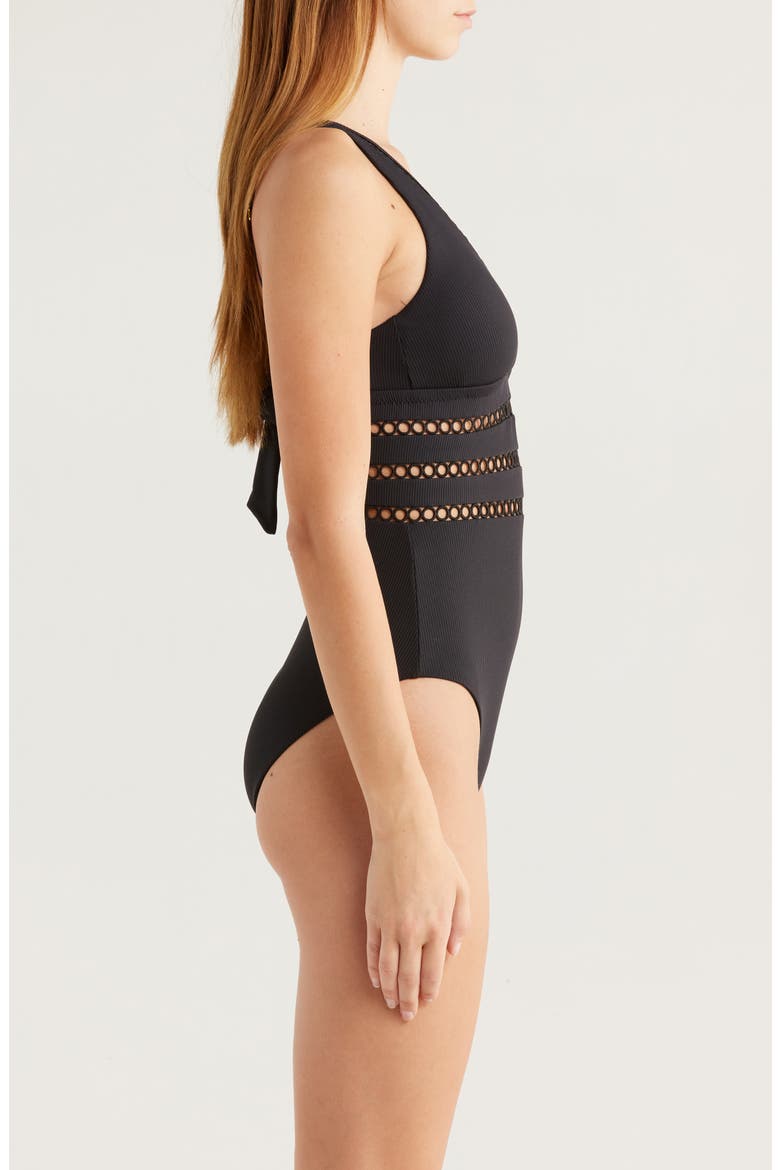 Open Knit Inset One-Piece Swimsuit, Alternate, color, BLACK