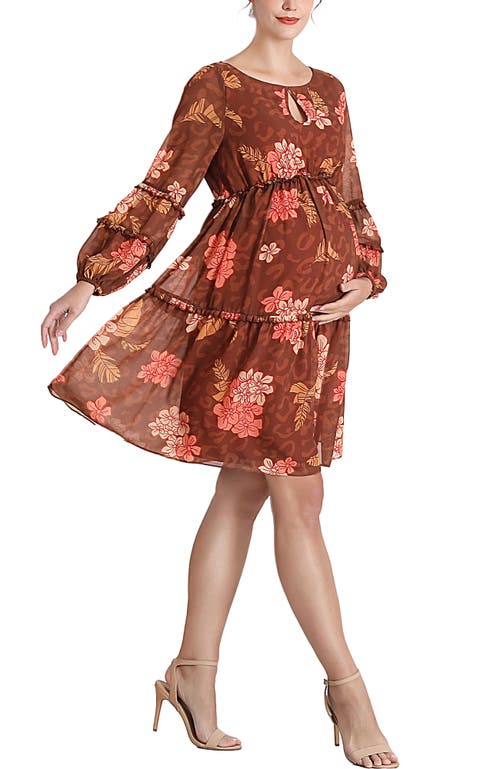 Kimi & Kai Abby Long Sleeve Maternity Babydoll Dress In Brown