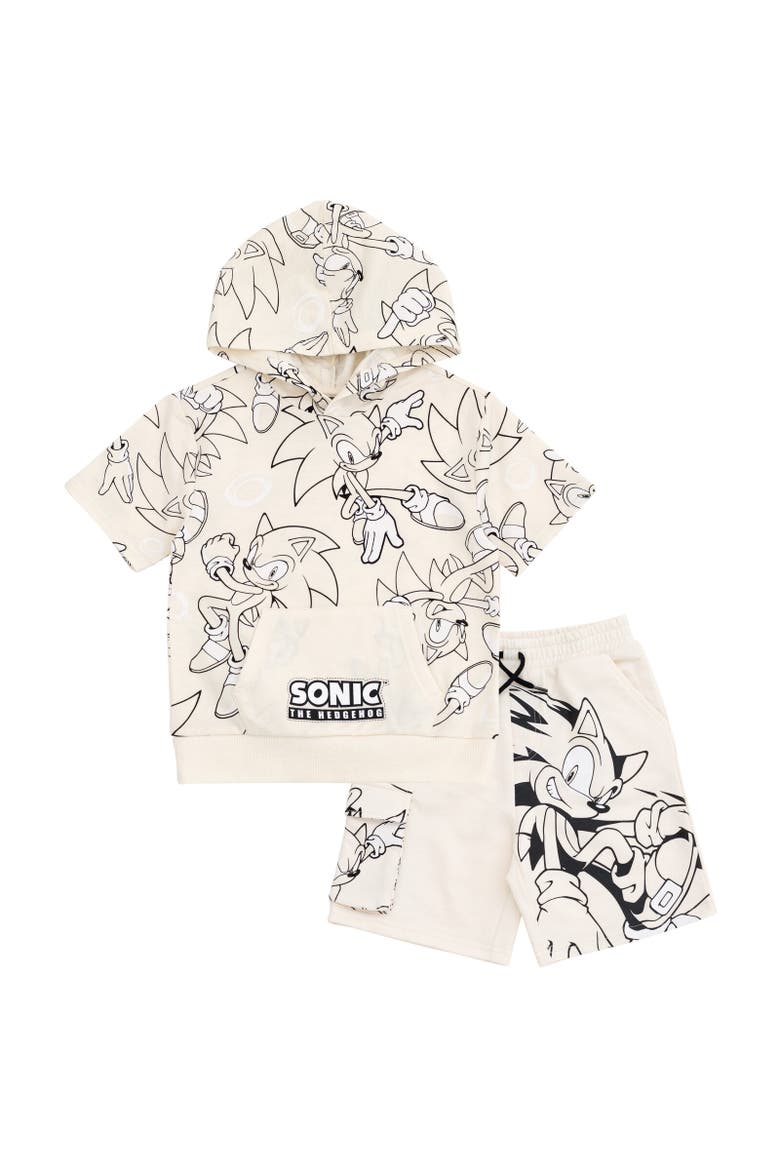 Sonic the Hedgehog Short Sleeve Hoodie & Shorts Set, Main, color, Cream Sonic Sketch Pattern