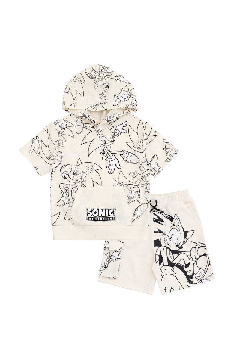 SEGA Sonic the Hedgehog Short Sleeve Hoodie & Shorts Set, Main, color, Cream Sonic Sketch Pattern