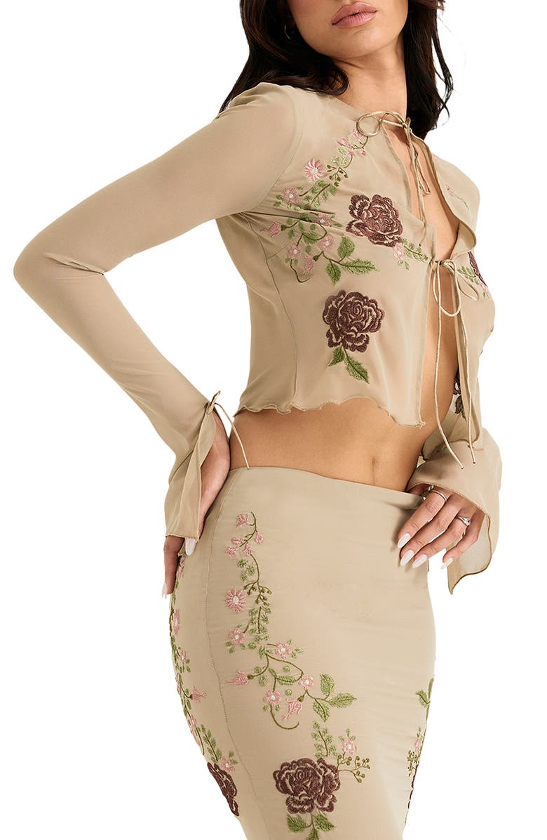 HOUSE OF CB Asra Floral Embroidered Tie Front Mesh Top, Alternate, color, 