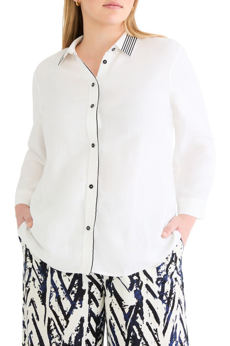 Stripe Trim Linen Blend Shirt, Main, color, PAPER WHITE
