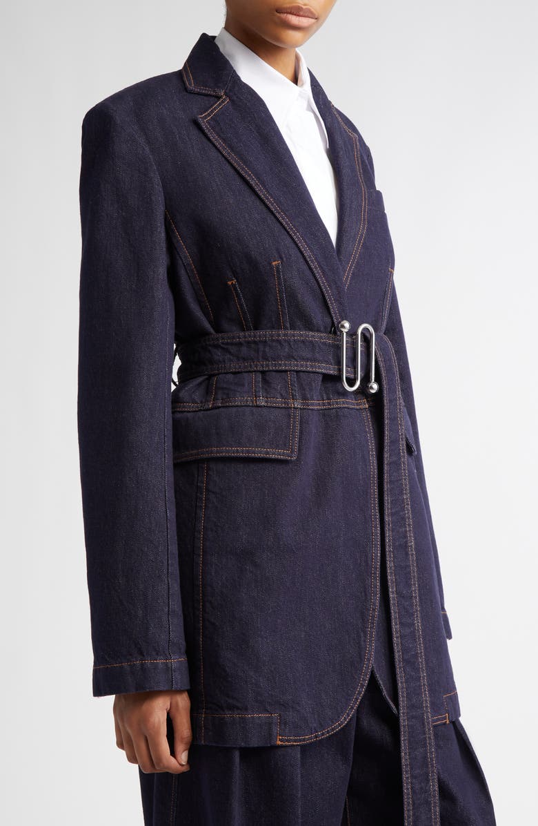 SPORTMAX Domino Monogram Buckle Belted Denim Jacket, Alternate, color, Navy