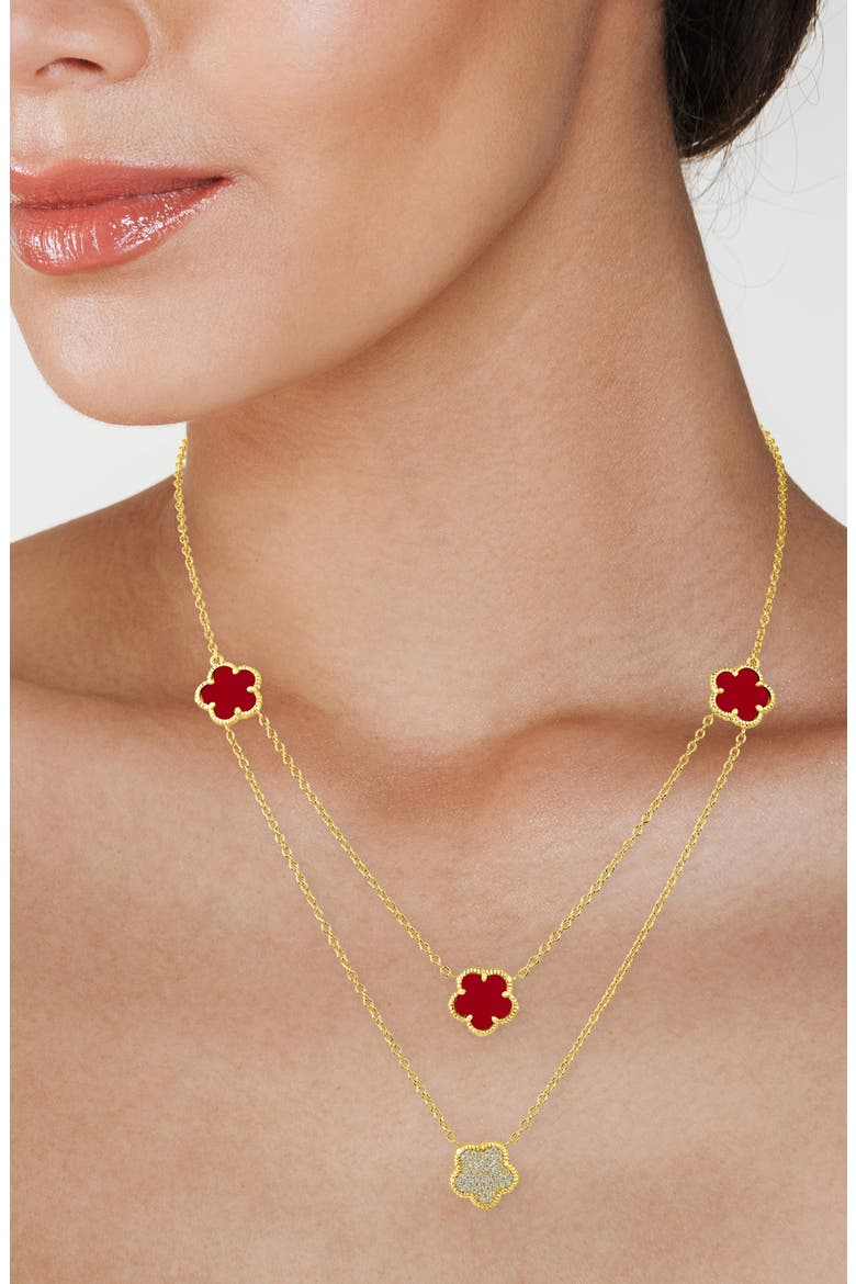 Cubic Zirconia & Faux Coral Double Layered Clover Station Necklace, Alternate, color, RED/ GOLD