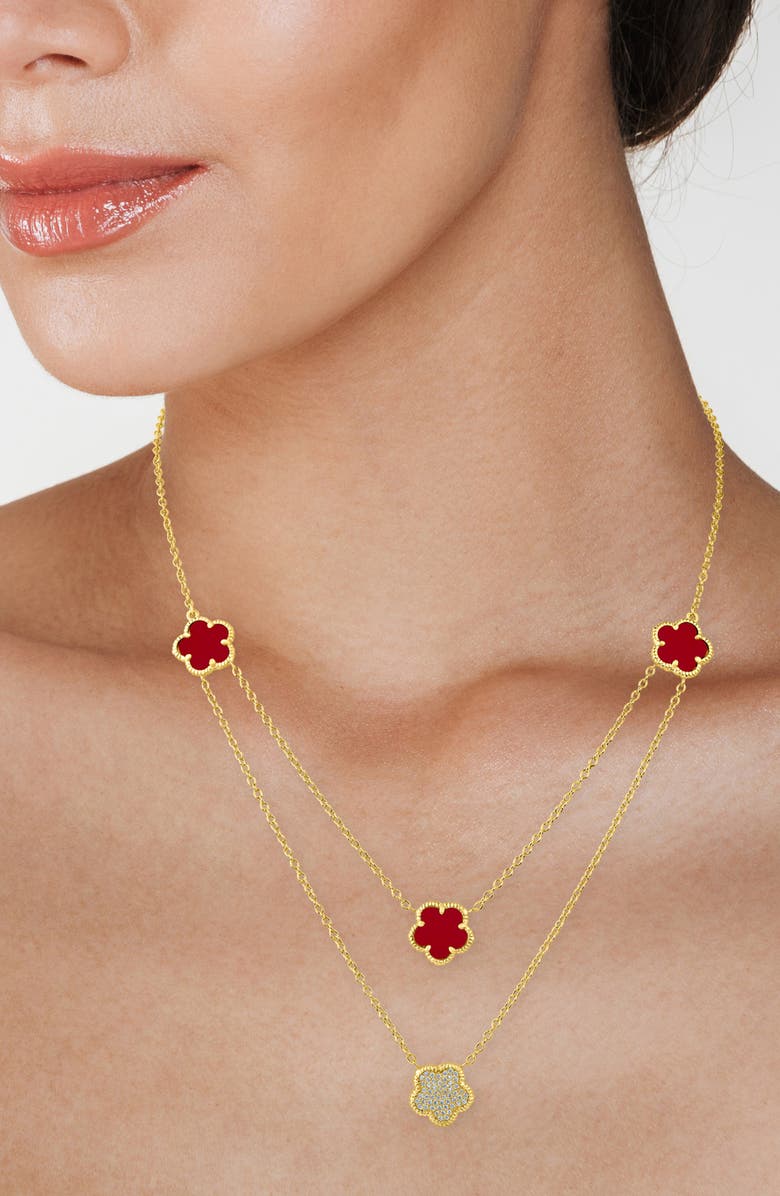 CZ by Kenneth Jay Lane Cubic Zirconia & Faux Coral Double Layered Clover Station Necklace, Alternate, color, Red/ Gold