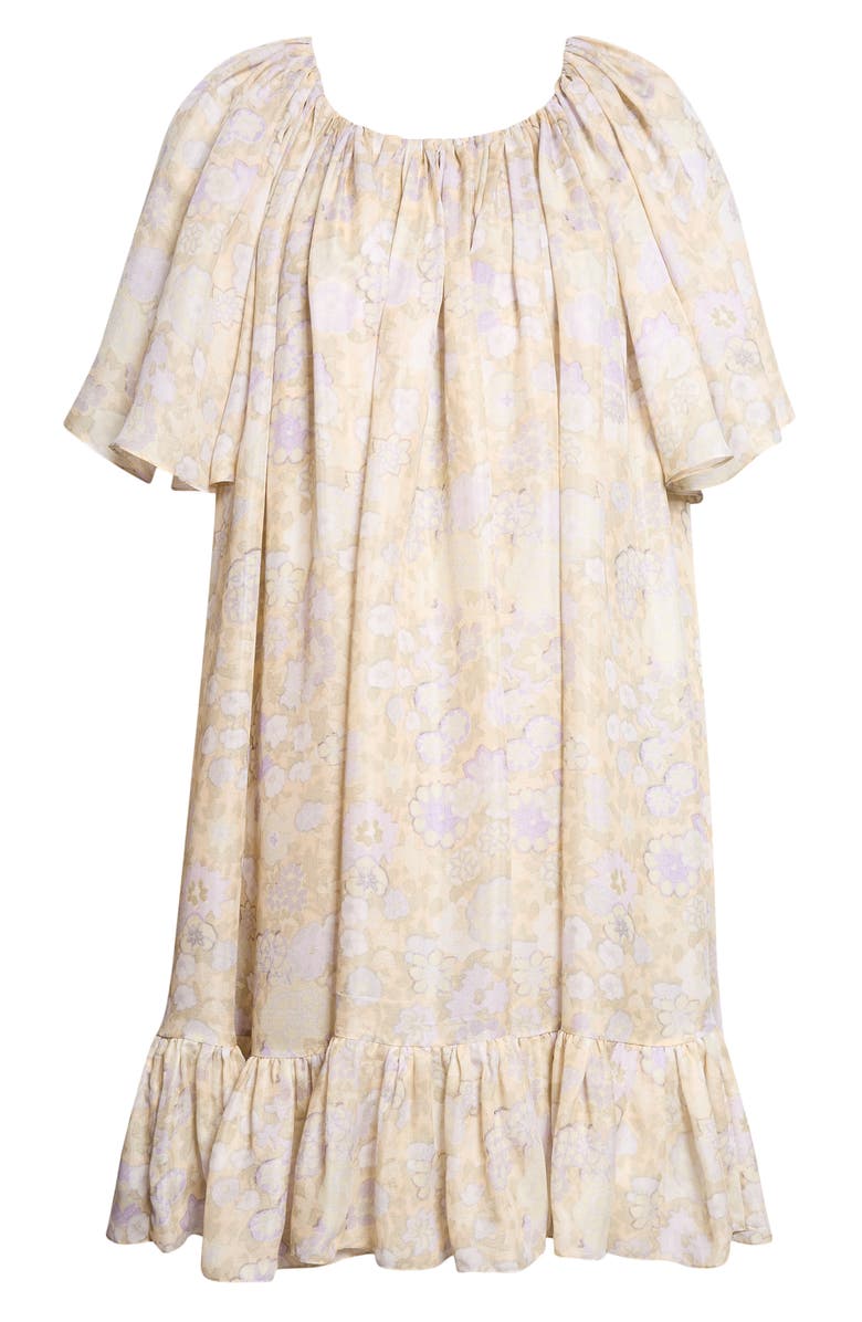 Chloé Painted Flowers Gathered Silk Charmeuse Dress, Alternate, color, Multicolor Purple 1
