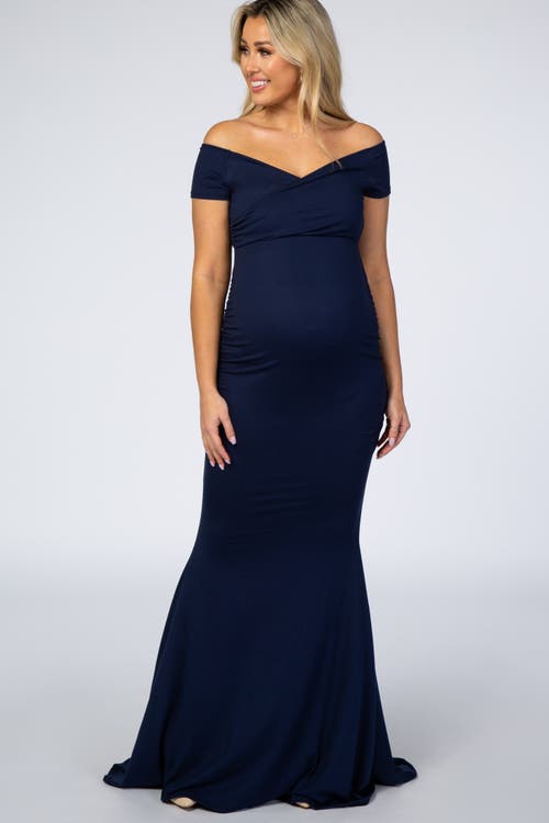 Pinkblush Off Shoulder Wrap Maternity Photoshoot Gown/dress In Blue