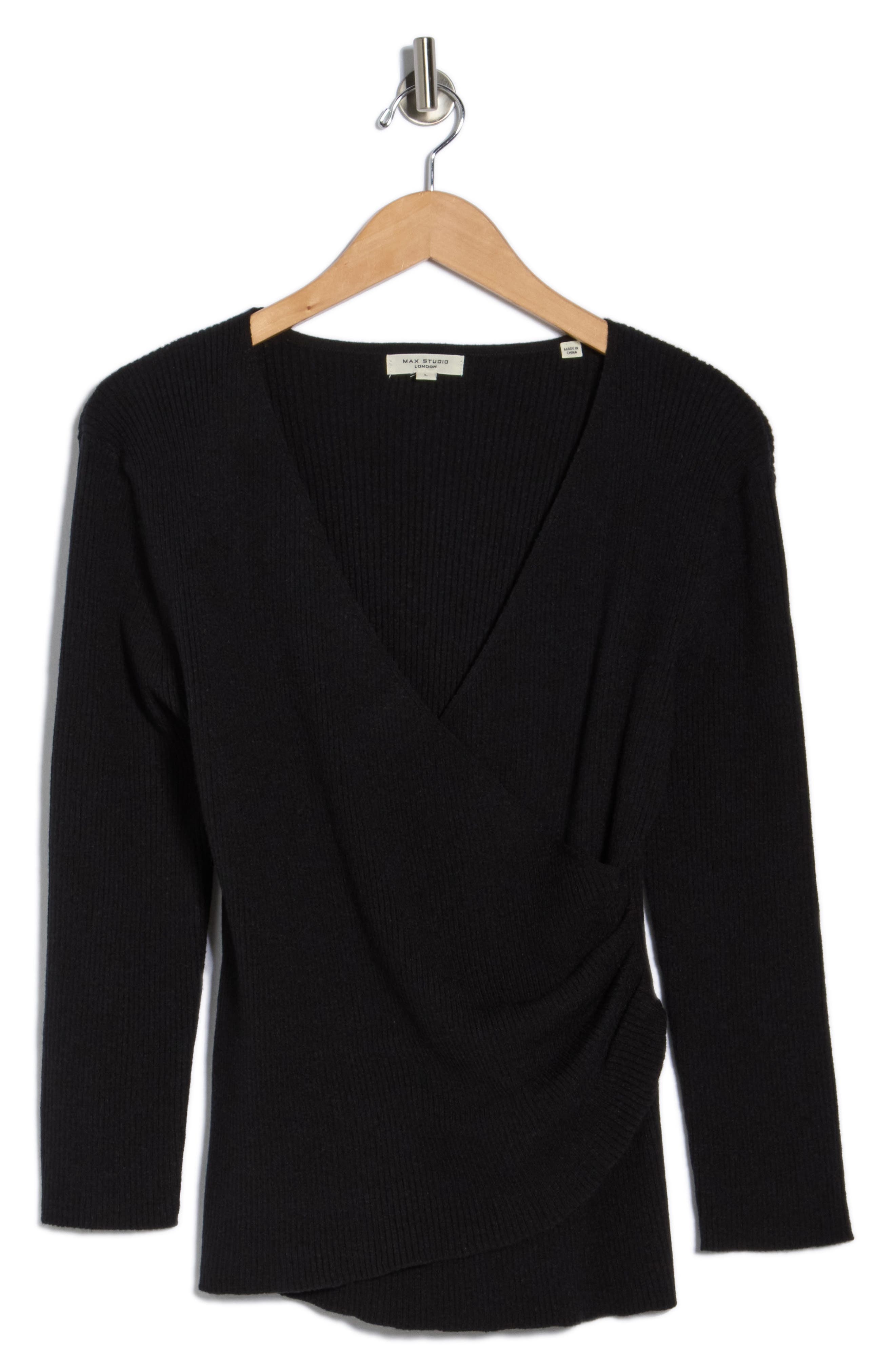 MAX STUDIO Three-Quarter Sleeve Faux Wrap Sweater
