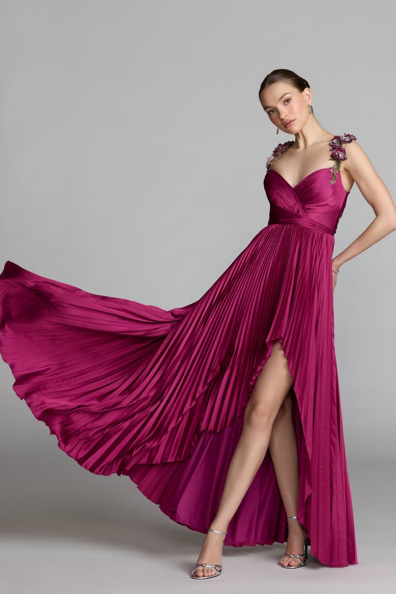 Petite Pleated High Low Gown With 3D Floral Straps, Alternate, color, Magenta