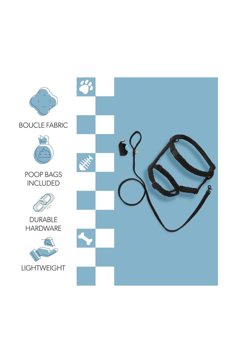 The Licker Store Teddy Bouclé Adjustable H Harness and Leash Walk Set with Poop Bag Pouch, Alternate, color, Black
