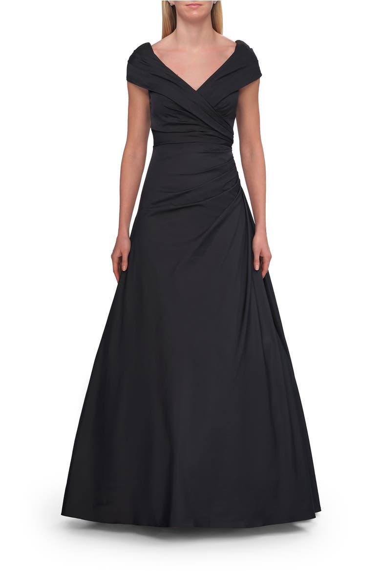 Off-the-Shoulder Stretch Taffeta A-Line Gown, Main, color, Black